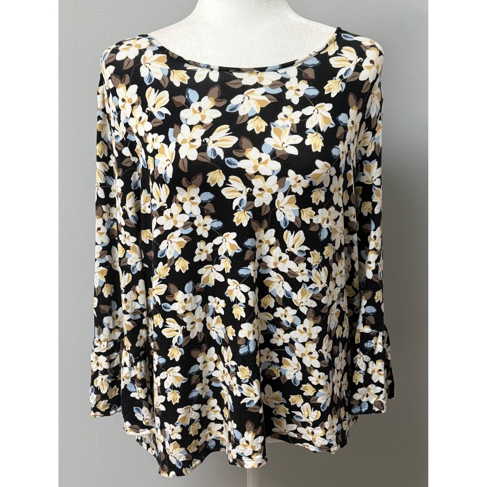 J. Jill Wearever Floral Knit Top Black Cream Blue Ruffle Bell Sleeve M Petite